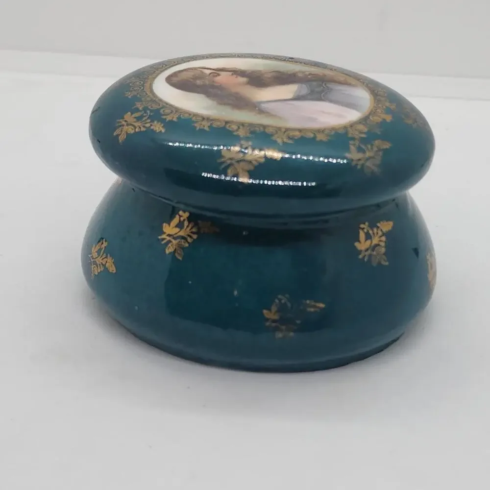 Vintage Portrait Lady Vanity Jar Blue Porcelain Trinket Dresser Box Gold Decor